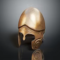 Golden Vintage Helmet Sculpture With Detailed Carving Patterns And Reflective Base