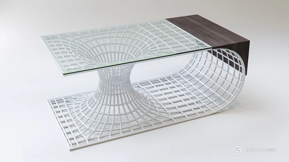 Modern Coffee Table With Glass Top White Grid Base And Dark Wooden Section 3d model 