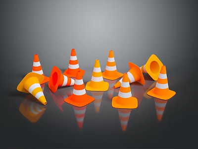 Multiple Orange And White Traffic Cones On Dark Background With Reflections 3d model
