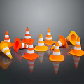 Multiple Orange And White Traffic Cones On Dark Background With Reflections 3d model