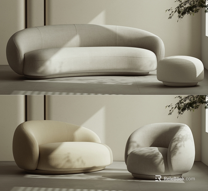 Elegant Modern Sofa Set Interior With Curved Sofa Single Seater And Round Ottoman 3d model 