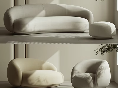 Elegant Modern Sofa Set Interior With Curved Sofa Single Seater And Round Ottoman 3d model