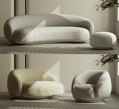 Elegant Modern Sofa Set Interior With Curved Sofa Single Seater And Round Ottoman 3d model