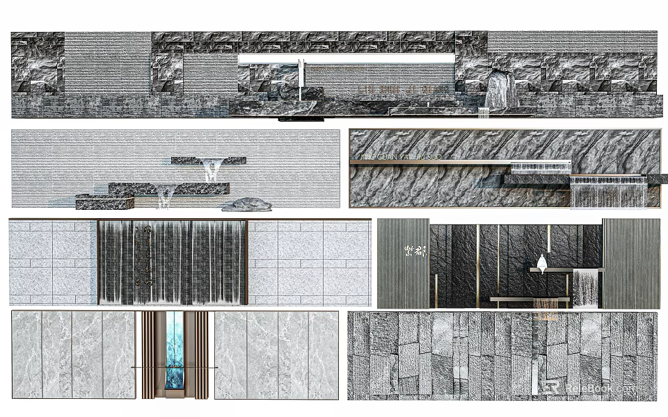 Modern Feature Wall Design With Stone Wood Textures And Ambient Lighting Elements 3d model