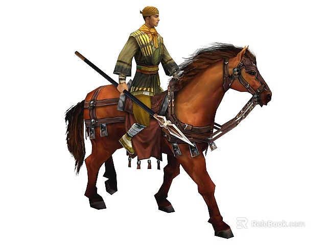 Medieval Game Movie Character Riding Brown Horse Holding Spear In Traditional Outfit 3d model 