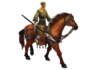Medieval Game Movie Character Riding Brown Horse Holding Spear In Traditional Outfit 3d model