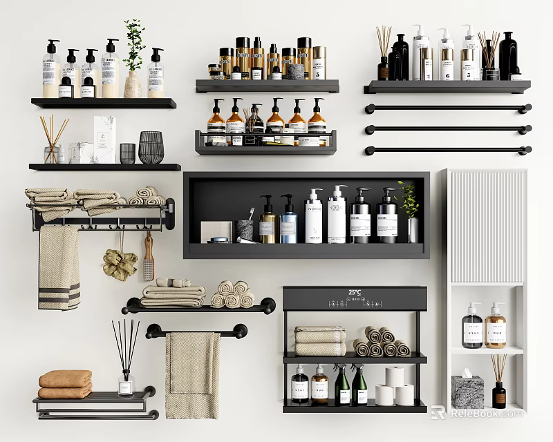 Organized Bathroom Accessories with Shelves Towel Racks Bottles Towels and Aromatherapy 3d model 