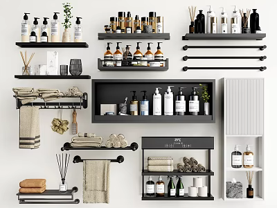 Organized Bathroom Accessories with Shelves Towel Racks Bottles Towels and Aromatherapy 3d model