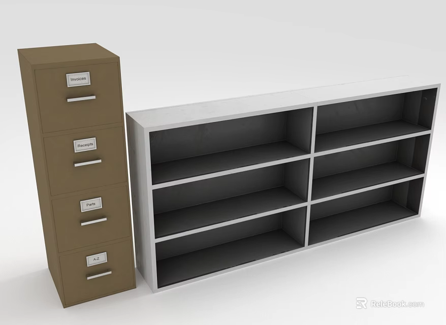 Brown Filing Cabinet With Metal Handles And White Open Storage Shelf Unit 3d model 
