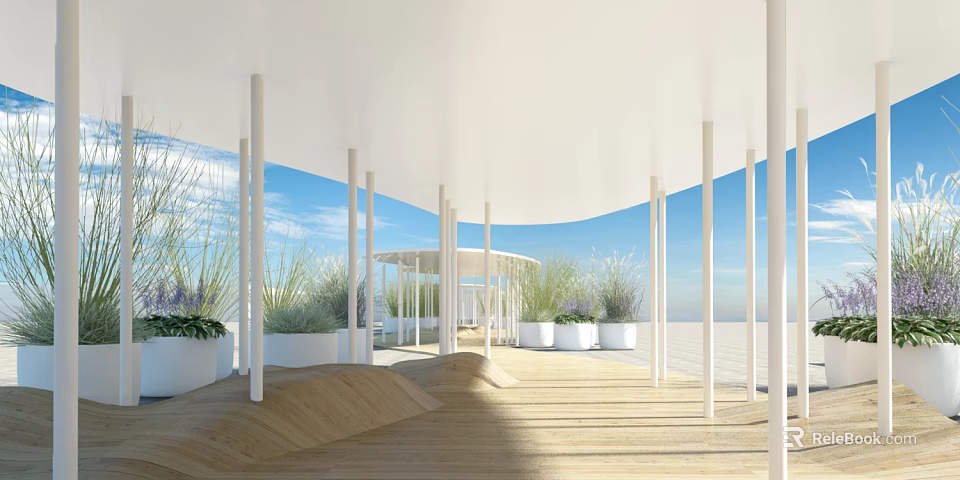 Modern Pergola With White Columns Wooden Deck And Surrounding Plants Under Open Sky 3d model 