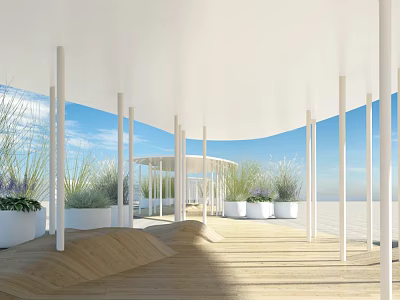 Modern Pergola With White Columns Wooden Deck And Surrounding Plants Under Open Sky 3d model