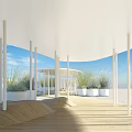 Modern Pergola With White Columns Wooden Deck And Surrounding Plants Under Open Sky