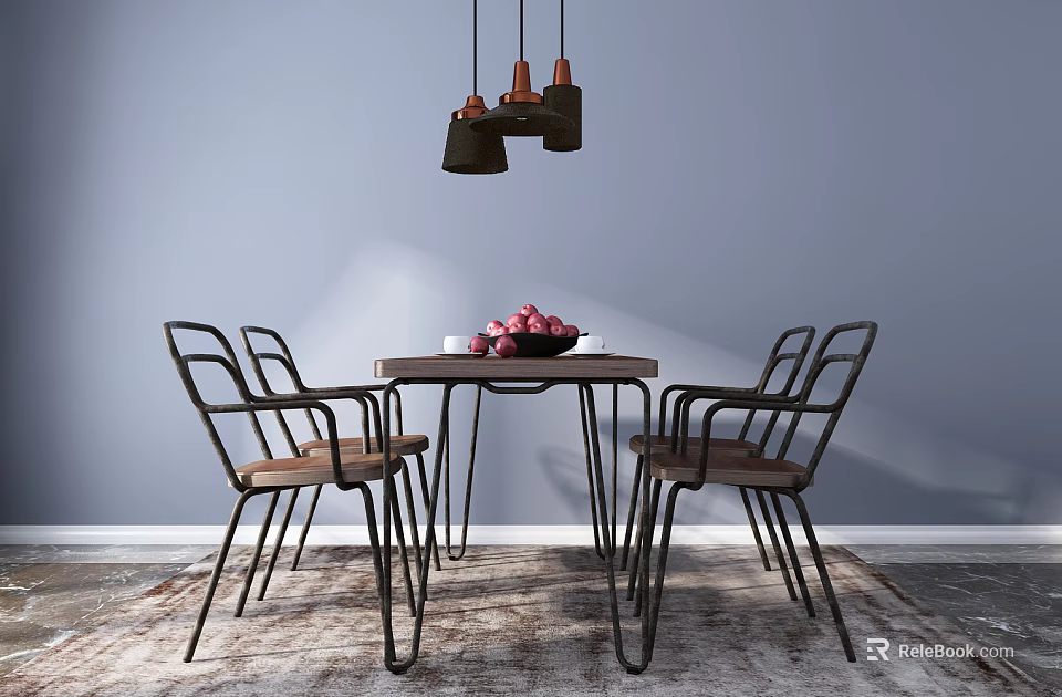 Stylish Dining Table Set With Chairs Fruit Bowl And Pendant Lights On Gray Wall Rug 3d model 
