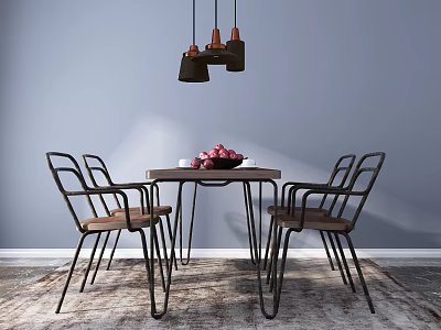 Stylish Dining Table Set With Chairs Fruit Bowl And Pendant Lights On Gray Wall Rug 3d model