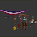 Outdoor Market Scene With Triangular Flag Wooden Stall Street Lamp Barrel Bench And Yellow Flowers