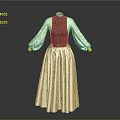 Elegant Traditional Dress With Yellow Floral Sleeves Brown Striped Bodice And Red Long Skirt