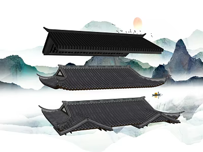 Traditional Chinese Roof Components With Black Tiles And Mountain Background 3d model