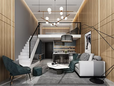 Modern Apartment Interior With Staircase Open Layout Sofa And Wooden Walls 3d model