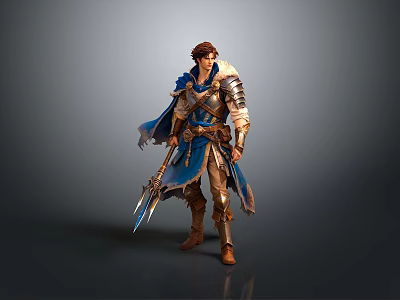 Man As Fantasy Warrior In Blue Cape With Detailed Armor Holding Double Bladed Weapon 3d model