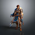 Man As Fantasy Warrior In Blue Cape With Detailed Armor Holding Double Bladed Weapon