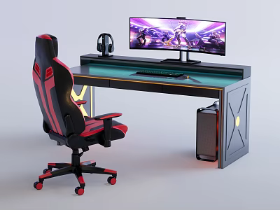 Functional Gaming Desk With Monitor Keyboard Headphones And Ergonomic Chair Setup 3d model