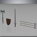 Medieval Weapons Including Axe Sword Shield And Arrows Arranged Together 3d model