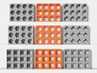 Gray And Orange Building Components With Geometric Cutouts Arranged In Grid Pattern 3d model
