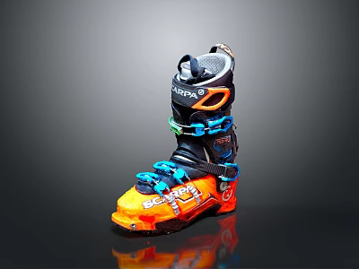Black and Orange Ski Boots With Blue Laces Adjustable Straps and Sturdy Soles for Skiing 3d model