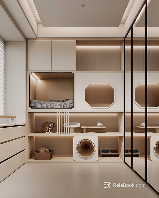 White Beige Open Storage Space with Cat Bed Washing Machine and Warm Lighting 3d model