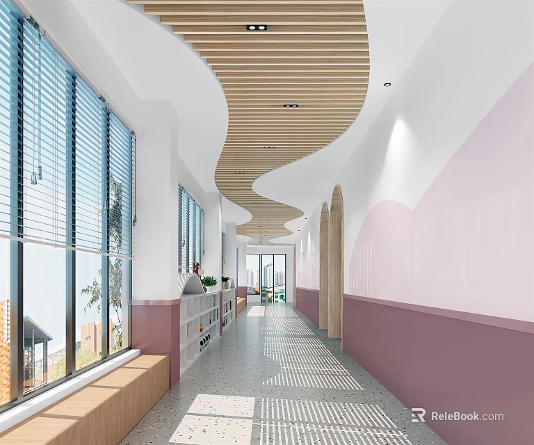 Modern Elevator Hallway With Pink And White Walls Windows Blinds Wooden Ceiling Bookshelves And Bench 3d model 