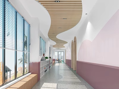 Modern Elevator Hallway With Pink And White Walls Windows Blinds Wooden Ceiling Bookshelves And Bench 3d model