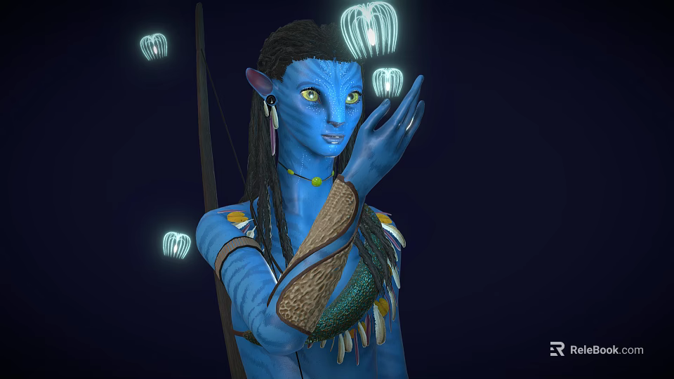 Blue Skinned Long Eared Humanoid With Braided Hair Interacting With Bioluminescent Sprite Like Creatures 3d model 