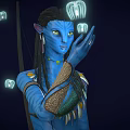 Blue Skinned Long Eared Humanoid With Braided Hair Interacting With Bioluminescent Sprite Like Creatures