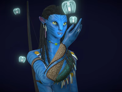 Blue Skinned Long Eared Humanoid With Braided Hair Interacting With Bioluminescent Sprite Like Creatures 3d model