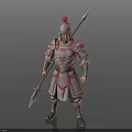 A Man Standing In Silver Gray Armor With Red Accents And Helmet Holding A Spear