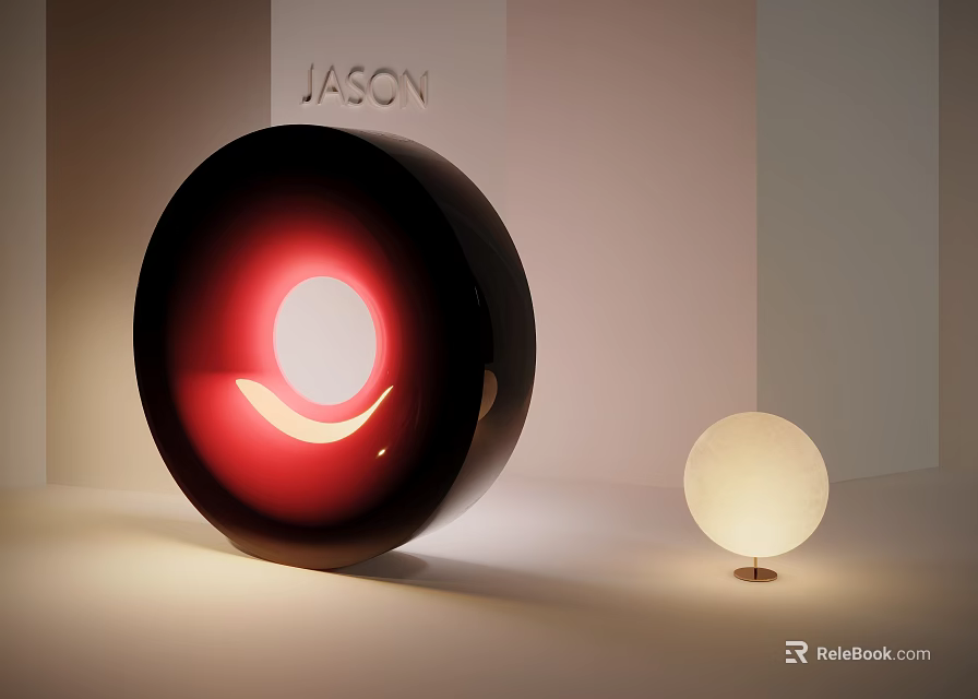 Modern Art Installation With Large Black Circular Design Red Glowing Crescent And Small White Sphere 3d model 