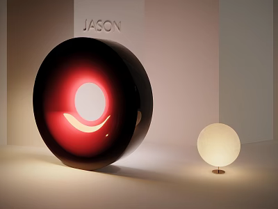 Modern Art Installation With Large Black Circular Design Red Glowing Crescent And Small White Sphere 3d model