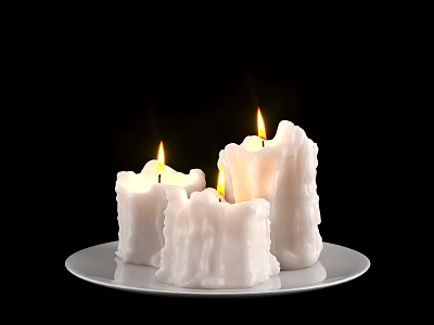 Decorative Candle Ornament Set With Three Burning White Candles On White Plate 3d model