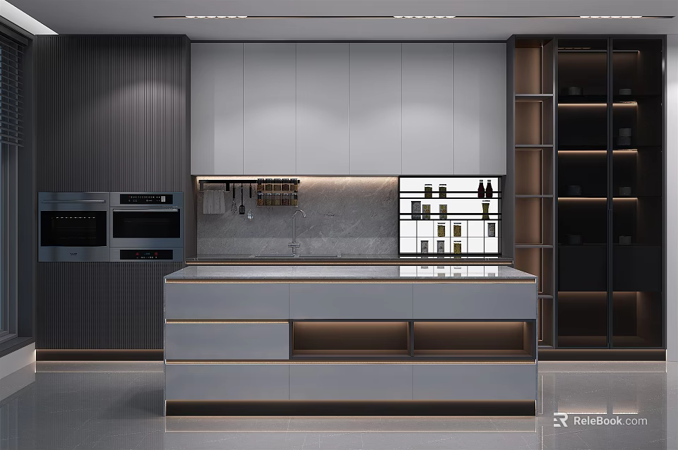 Modern Kitchen Interior With Gray Cabinets Central Island Double Oven And Stone Countertop 3d model 