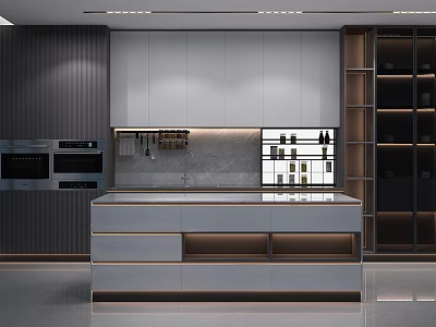 Modern Kitchen Interior With Gray Cabinets Central Island Double Oven And Stone Countertop 3d model