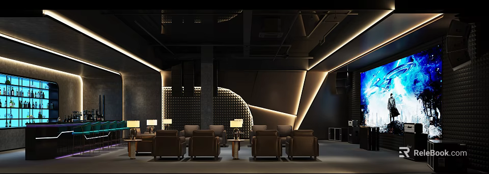 Modern Home Theater Interior With Leather Sofas And Ambient Lighting 3d model 