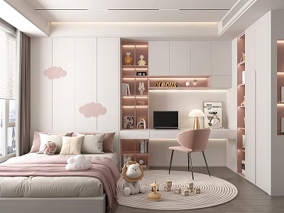 Cozy Tatami Bedroom Interior With Bed Desk Chair Cloud Decorations And Plush Toys 3d model