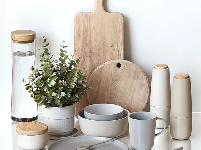 Minimalist Kitchenware Set With Wooden Cutting Boards Ceramic Bowls Storage Jars And Green Plant 3d model