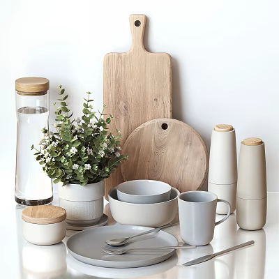 Minimalist Kitchenware Set With Wooden Cutting Boards Ceramic Bowls Storage Jars And Green Plant 3d model