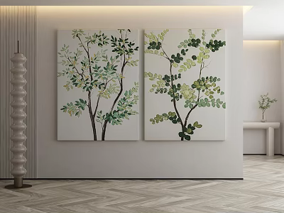 Two Botanical Paintings With Green Leaf Trees And Branches Hanging On Modern Interior Wall 3d model