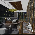 Traditional Chinese Style Hotel Room With Indoor Pond Wooden Decor And Artwork Walls