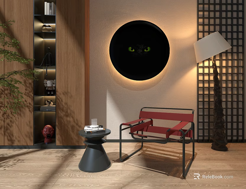 Modern Red Leather Single Sofa With Side Table Floor Lamp And Circular Wall Art 3d model 