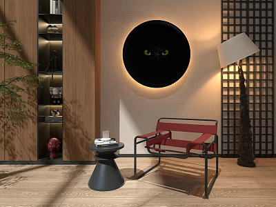Modern Red Leather Single Sofa With Side Table Floor Lamp And Circular Wall Art 3d model