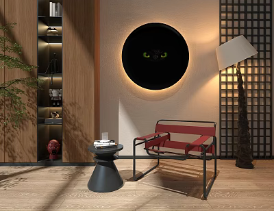 Modern Red Leather Single Sofa With Side Table Floor Lamp And Circular Wall Art 3d model