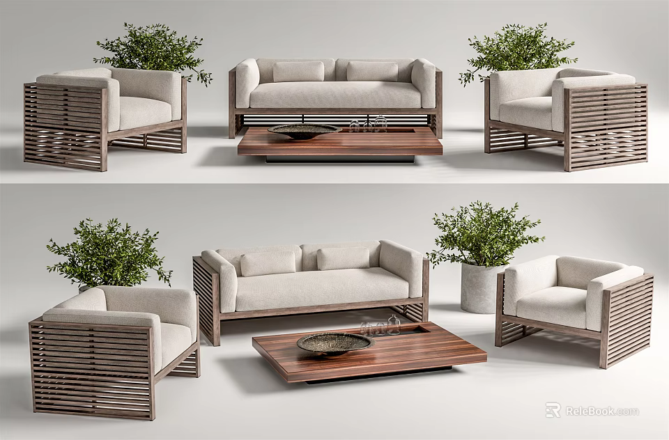 Modern Outdoor Sofa Set With Rattan Chairs Wooden Coffee Table And Beige Cushions 3d model 